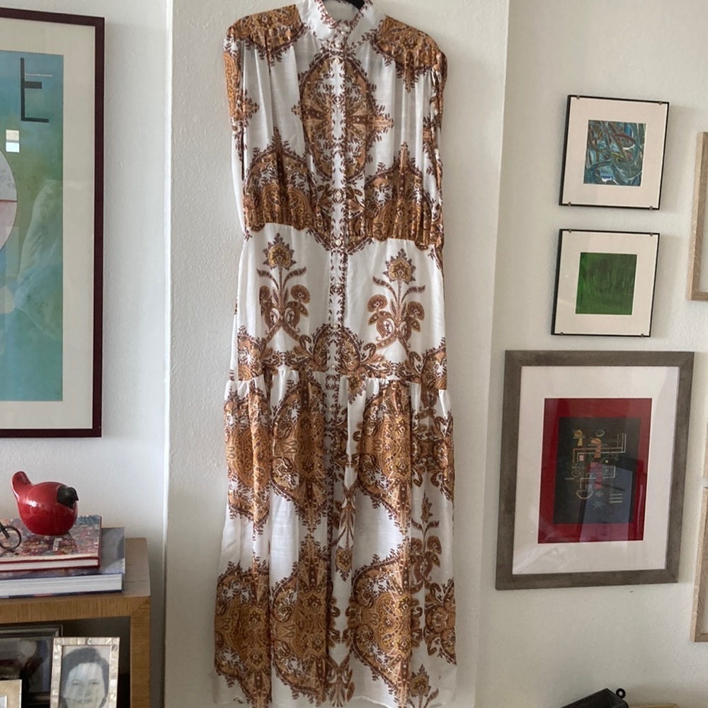 Elegant White and Brown Patterned Dress